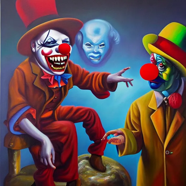 Prompt: an oil on canvas portrait painting of a clown meeting a demon, polycount, surrealism, surrealist, cosmic horror, high detail