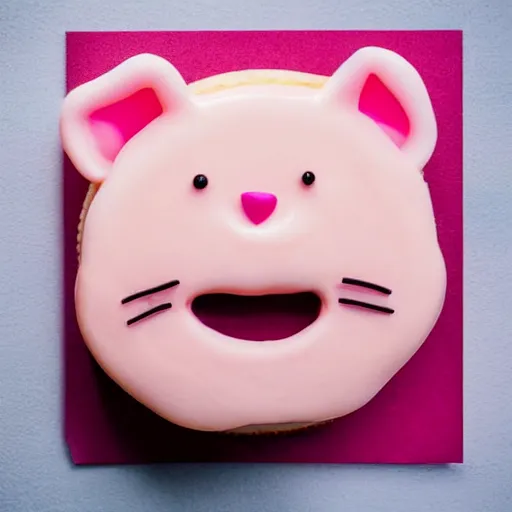 Prompt: a delicious looking pink cat cupcake, advertised in a winning food magazine, studio product lighting, presented on a light red pastel colored background, glossy looking eyes, very delicious looking