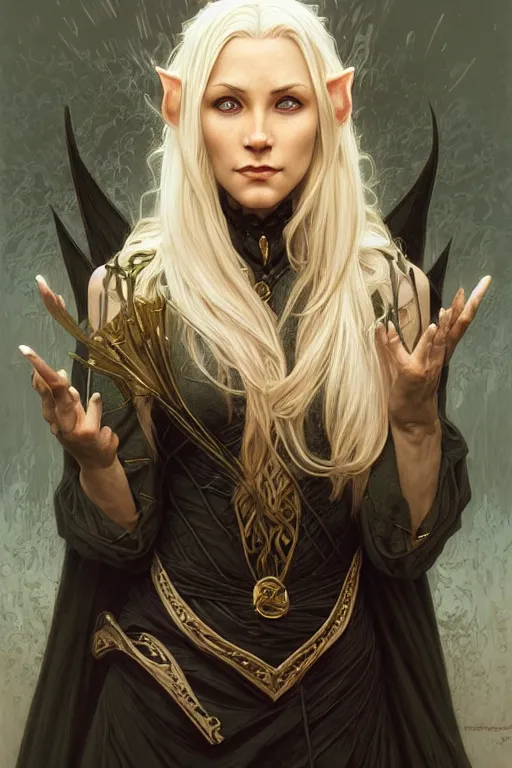 Image similar to portrait of an old blonde elven mage, dark, piercing eyes, gentle expression, elegant clothing, photorealistic, highly detailed, artstation, smooth, sharp focus, art by michael whelan, artgerm, greg rutkowski and alphonse mucha