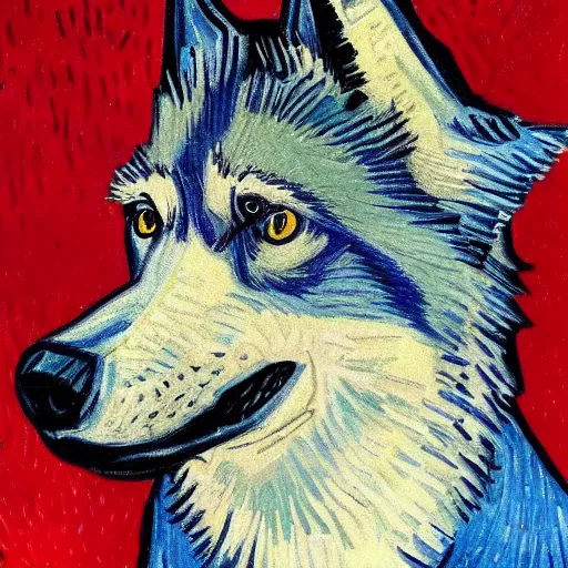 Prompt: retarded wolf portrait, van gogh, complimentary colors