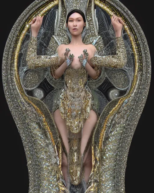 Prompt: a highly detailed metahuman 4 k close up render of a bella hadid as religious monument renaissance in iris van herpen dress schiaparelli in diamonds crystals swarovski and jewelry iridescent in style of alphonse mucha gustav klimt trending on artstation made in unreal engine 4