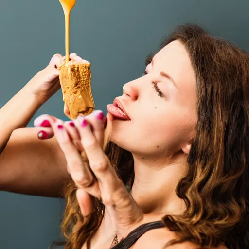 Prompt: photo of person drinking peanut butter