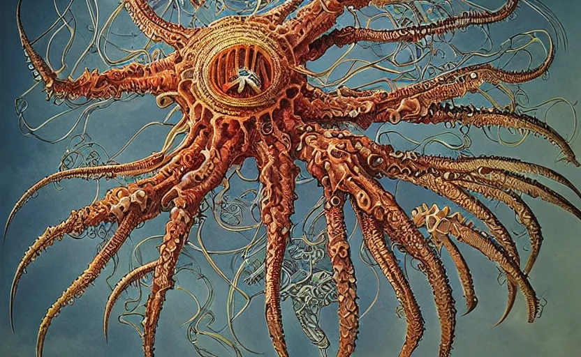 Image similar to sci - fi biomechanical, colored unreal engine monster character design, fantasy. intricate jellyfish crab eagle lizard biomechanical. by ernst haeckel