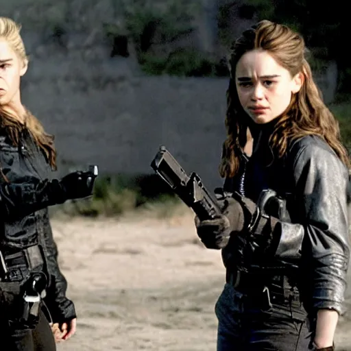 Image similar to emilia clarke as sarah connor in terminator 2