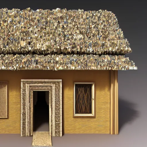 Image similar to egyptian art of a chalet made of crystals and feathers 8K 3D and hyperrealistic