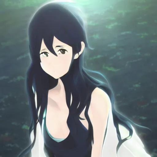 Prompt: a girl in her 2 0 s with wavy black hair by makoto shinkai and tomoyuki yamasaki, trending on pixiv