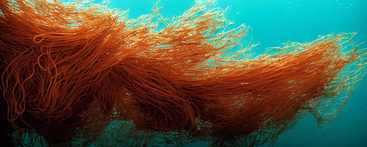 Image similar to spaghetti growing underwater like seaweed, canon 5 0 mm, in the style jacques cousteau, kodachrome