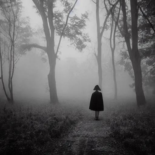 Image similar to a foggy white and black old photograph of a witch floating in the middle of wood, trees, dark, scary, detailed, fog, mist, blair witch project style