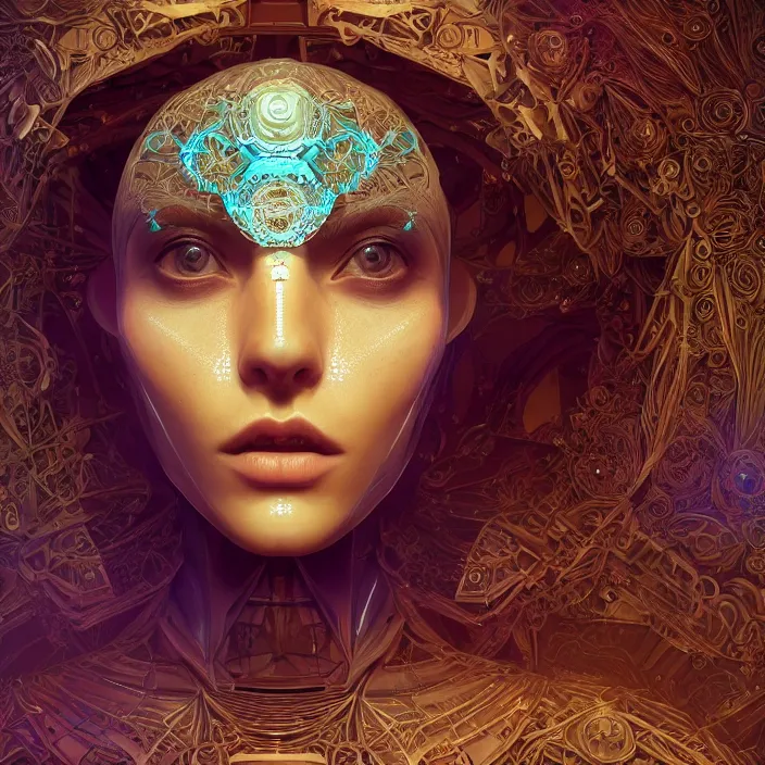 Image similar to beautiful symmetrical face portrait android woman time machine axonometric mechanical fantasy intricate elegant highly detailed in volumetric void of latent space lush flowers intricate jewellery, realm of the gods golden turquoise steampunk, axonometric high contrast cinematic light, mystical shadows, digital painting, sharp focus, octane render, photographic, concept art, artist leonardo davinci, unreal engine 8 k