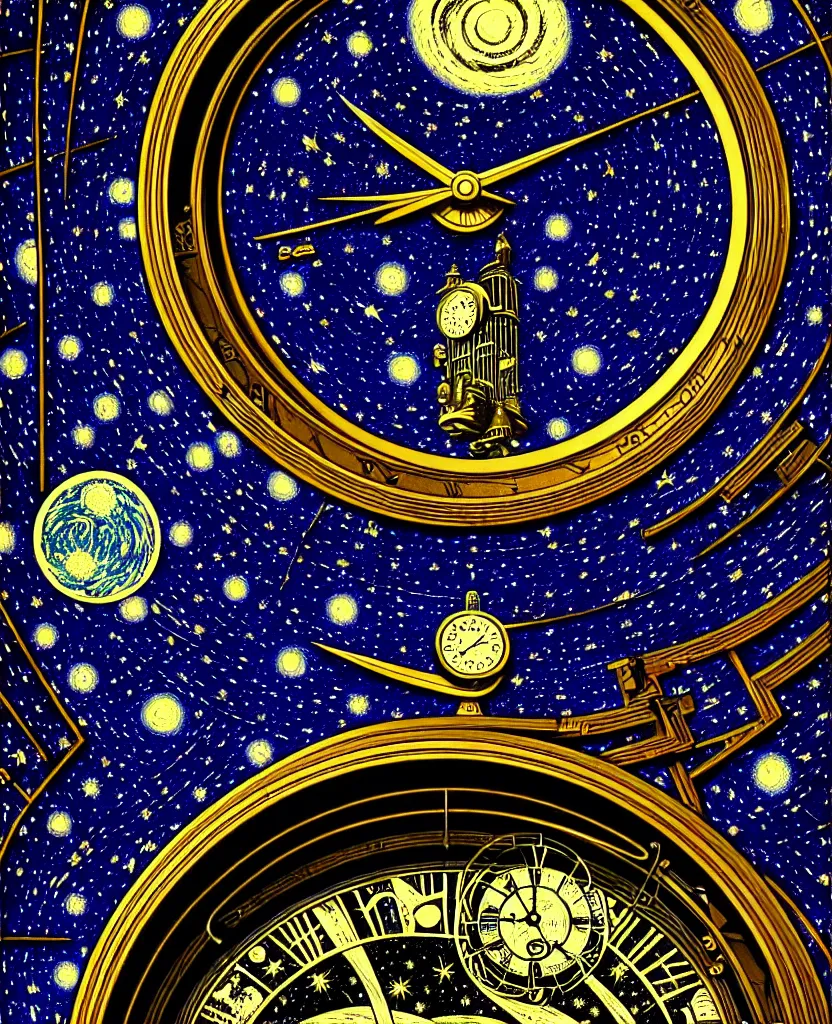 Image similar to majestic grandfather clock, round window looking out to the starry night sky, high details, intricately detailed, by vincent di fate, inking, 3 color screen print, masterpiece, trending on artstation,, sharp, details, hyper - detailed, hd, 4 k, 8 k