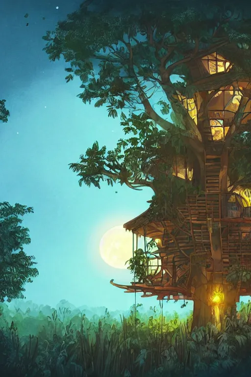 Prompt: a tree house with warm light through the window in the jungle, moonlight, night, by alba ballesta gonzalez. 4 k wallpaper, digital flat 2 d, japan animation, comic book, illustration, cinematic lighting, smooth sharp focus.