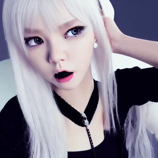 Image similar to realistic teasing detailed semirealism beautiful gorgeous cute Blackpink Lalisa Manoban white hair white cat ears blue eyes, wearing black camisole outfit, headphones, black leather choker full HD 4K high resolution quality WLOP, Aztodio, Taejune Kim, Guweiz, Pixiv, Instagram, Artstation