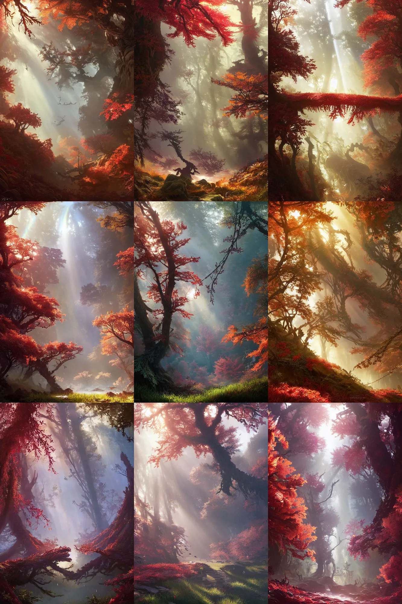 Prompt: a cherry tree autumn forest in horizon zero dawn 2, rainbow corals, god rays, d & d, fantasy, intricate, elegant, highly detailed, digital painting, artstation, concept art, matte, sharp focus, illustration, hearthstone, art by bouguereau and greg rutkowski and ruan jia and conrad roset and bierstadt.