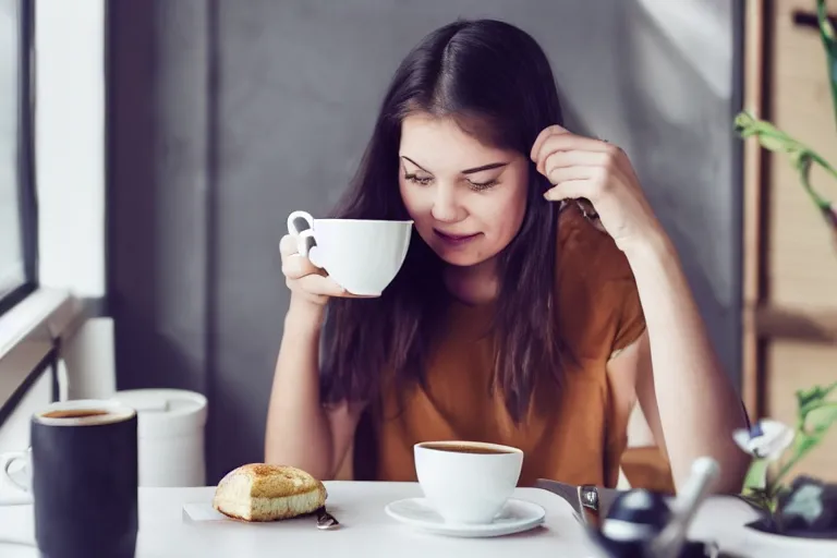 Image similar to girl drinking coffee with pepe the frog in a cafe, studio photo