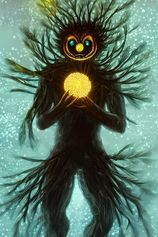 Image similar to a glowing humanoid figure dandelion monster with large glowing eyes, highly detailed, digital art, sharp focus, trending on art station, artichoke, anime art style