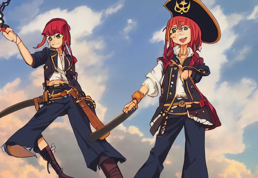 Prompt: wide angle perspective of a female pirate, centered, single subject, a thrifty uniform, somewhat of an anime in pixar style, trending artwork, made with anime painter studio, by pixar and an anime artist, collaboration