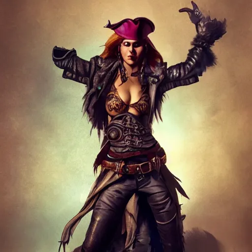 Prompt: full body concept art of a female pirate, airbrushed painting, identical eyes, gazing eyes, beautiful eyes medium shot, stunning, featured on artstation, cinematic lighting, hyperdetailed, cgsociety, 8k, golden ratio, dramatic, dark atmosphere, alluring