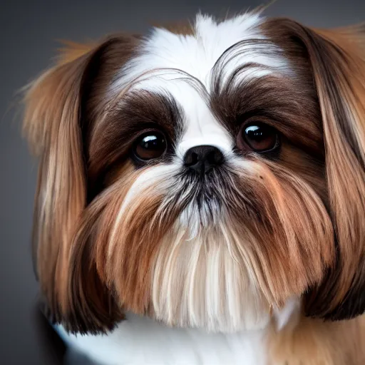 Image similar to shih tzu with brown fur, stands proudly, photography, 8 k, macro lens