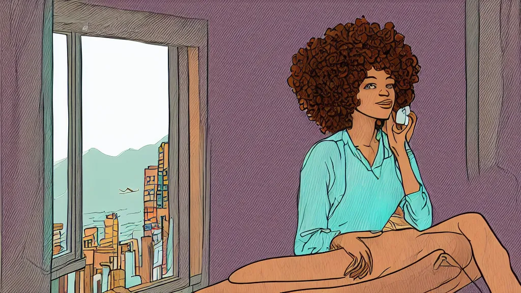 Image similar to black girl, curly hair, with headphones, studying in bedroom, window with rio de janeiro view, lo-fi illustration style, digital art, alive colors