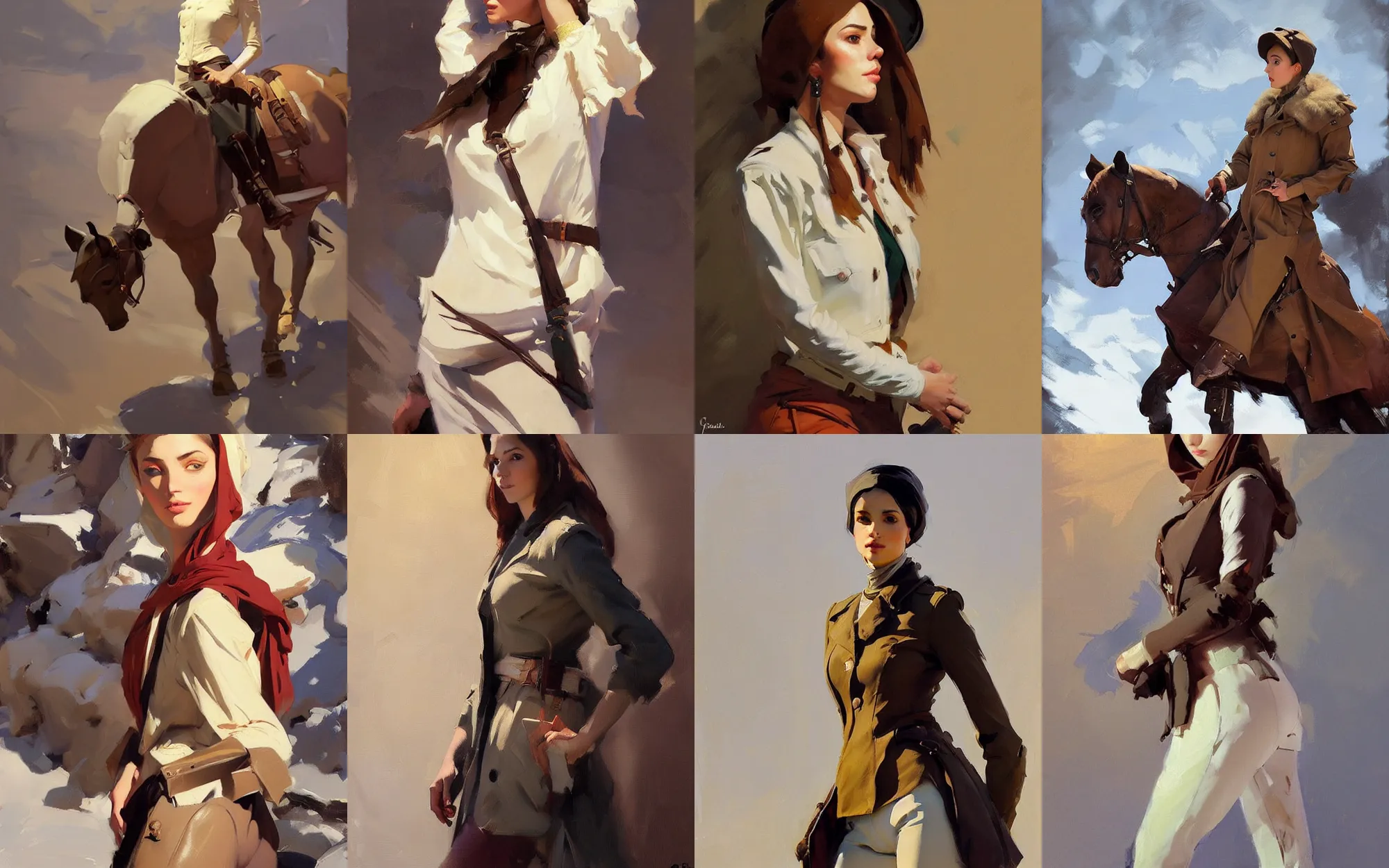 Image similar to portrait of russian iranian model girl jodhpurs winter traveler greg manchess painting by sargent and leyendecker, studio ghibli, fantasy, medium shot, asymmetrical, intricate, elegant, matte painting, illustration, hearthstone, by greg rutkowski, by greg tocchini, by james gilleard, by joe fenton