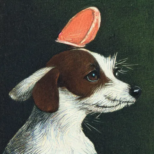 Prompt: closeup candid portrait of jack russel thinking, resting head on paw, illustrated by peggy fortnum and beatrix potter and sir john tenniel