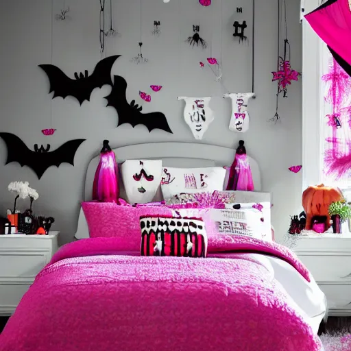 Prompt: homemade pink halloween themed christmas bedroom ideas, high resolution, creative, visually appealling