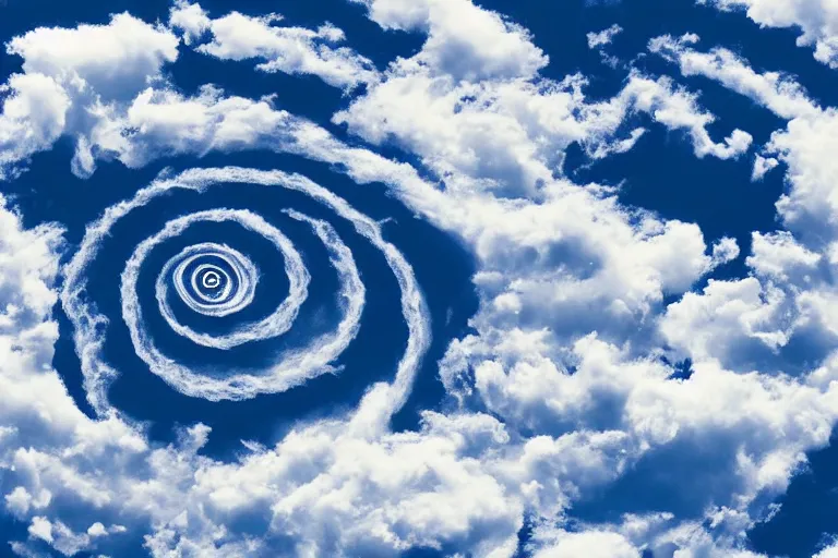 Prompt: multiple small spiral lines, fluffy swirling clouds, blue sky