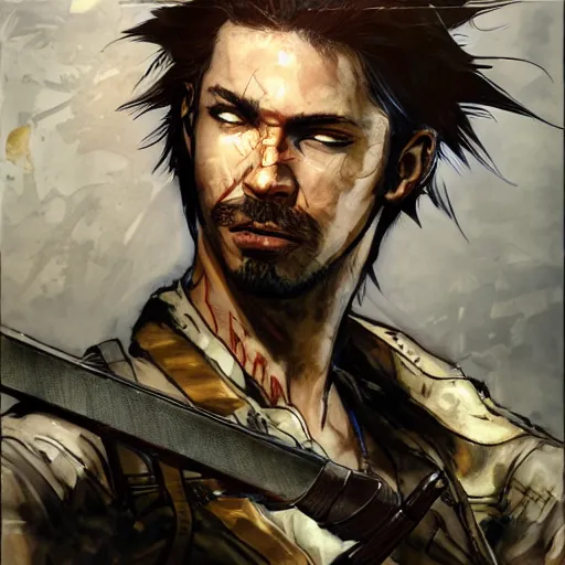 Prompt: portrait of a hero holding his sword in front of his face by yoji shinkawa, high quality, extra details, realism, ornate, colored, golden chain, blood, white skin, short hair, brown eyes, vivid, sunlight, dynamic, american man, freedom, white american soldier, spray pain style