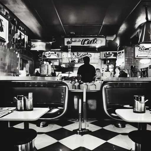 Image similar to inside of a diner with alien waiters, cozy lighting, late night, photo