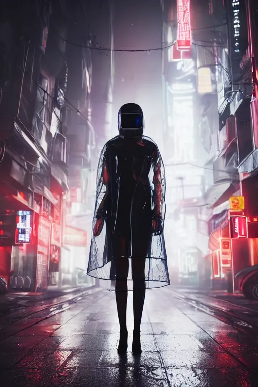 Image similar to a street level, low angle, closeup photograph of a woman with robotic prosthetics in a clear, transparent raincoat, in a futuristic, blade runner city with heavy atmosphere. Volumetric light. Rainfall. Dystopic. Evening, neon lights. 8k. Filmic. Highly detailed. Octane render.