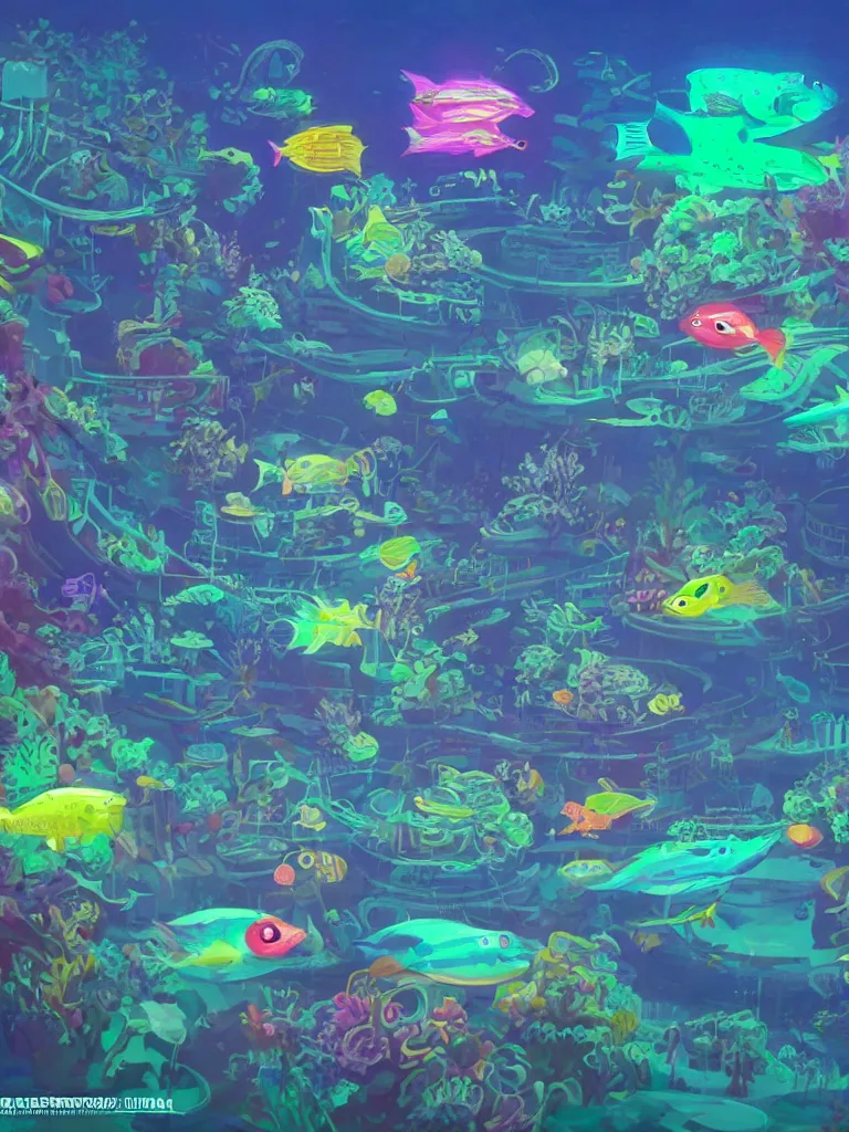 Prompt: neon fish under water at night as seen from overhead by disney concept artists, blunt borders, rule of thirds