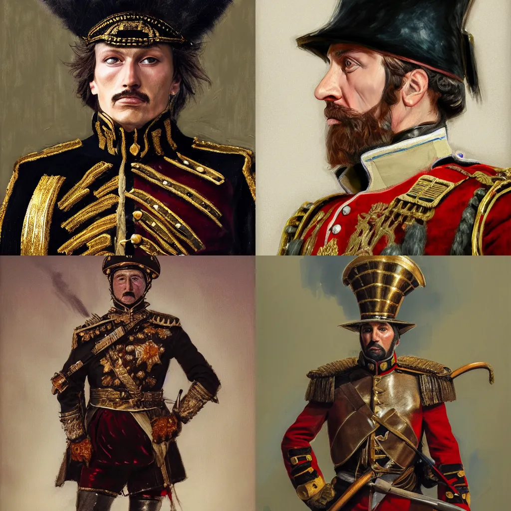 Prompt: portrait of Hungarian hussar posing by Orest Kiprensky, dressed in shako, pelisse, dolman, shot from The Duellists movie and the deluge, 4k resolution, detailed, concept art, oil painting, authentic costume, trending on artstation