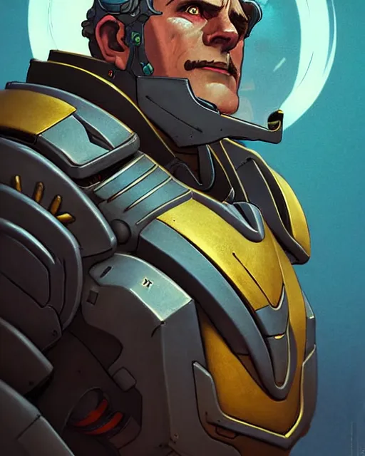 Image similar to reinhardt from overwatch, character portrait, portrait, close up, concept art, intricate details, highly detailed, vintage sci - fi poster, retro future, in the style of chris foss, rodger dean, moebius, michael whelan, and gustave dore