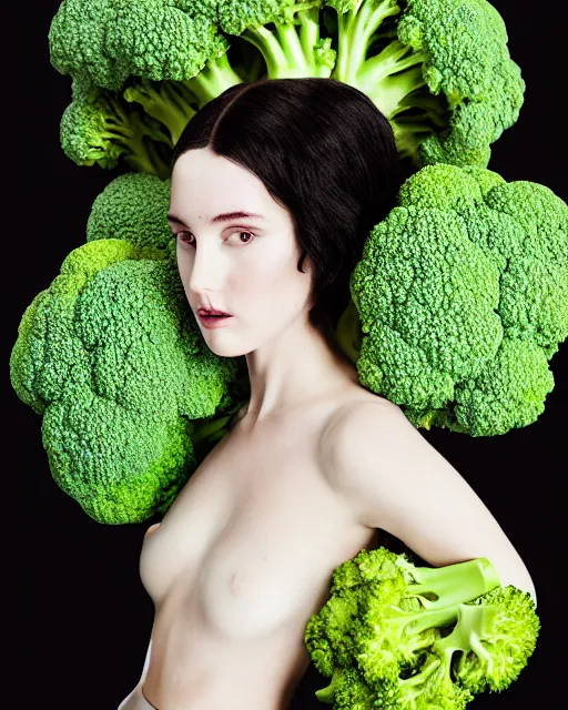 Image similar to olivia wearing an outfit made of broccoli, runway model at new york fashion week, curvy, black hair, freckles, pale skin, half body shot, photo by greg rutkowski, stage lighting, soft colors, female beauty, intricate detail, elegance, 3 5 mm, depth of field, masterpiece