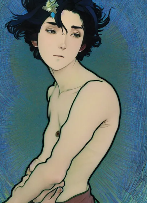 Image similar to handsome young man with short black hair, male, dressed in blue, looking down, half body shot, arms down, path traced, highly detailed, high quality, digital painting, by studio ghibli and alphonse mucha, hidari, art nouveau