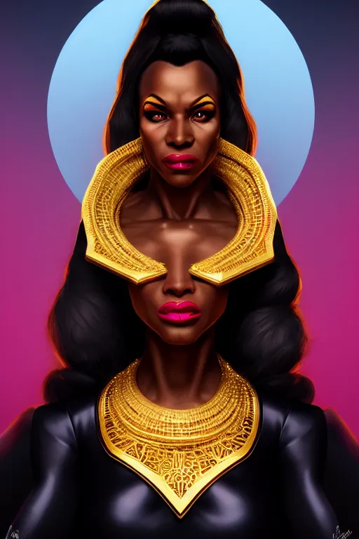 Image similar to portrait of black super woman, velvet gown, highly detailed and rendered gold jewelry, digital art, intricate, sharp focus, trending on artstation, hq, unreal engine 5, 4 k uhd image, by brom, artgerm, face by otto schmidt