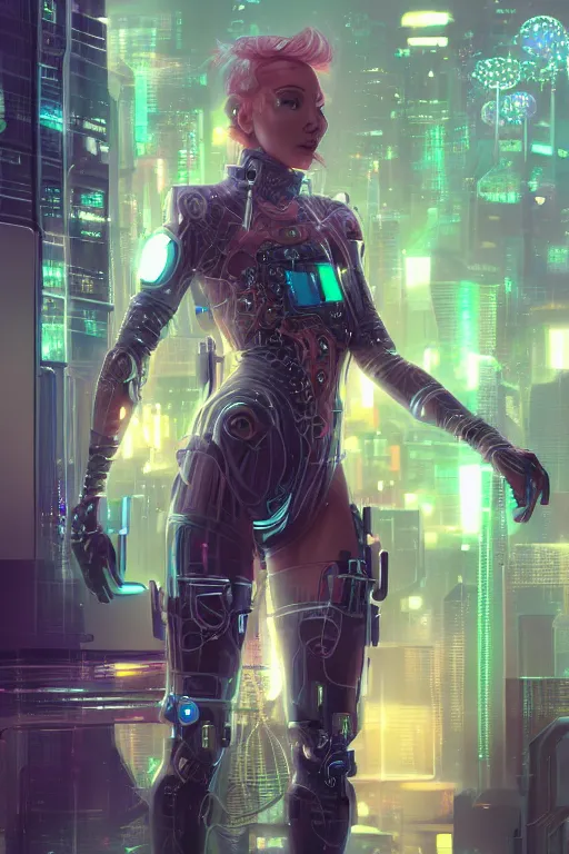 Image similar to portrait futuristic Cyber warrior Girl, in future cyberpunk tokyo rooftop , ssci-fi, fantasy, intricate, very very beautiful, elegant, neon light, highly detailed, digital painting, artstation, concept art, smooth, sharp focus, illustration, art by tian zi and WLOP and alphonse mucha