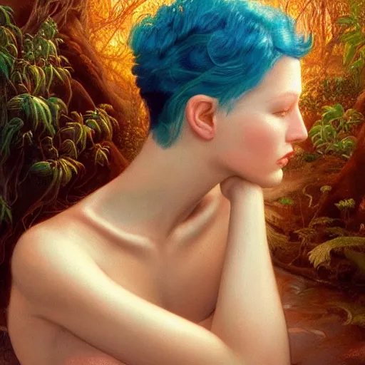 Image similar to A beautiful portrait of a woman with iridescent skin by James C. Christensen, scenic environment and blue hair