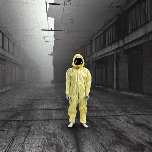 Image similar to news reporter in a hazmat suit 1 9 9 0 s news found footage of an abandoned soviet downtown with a humanoid scp hidden in background, liminal space, backrooms, scp, film grain, rundown, eerie, dark lighting, 3 5 mm, realistic, photograph, hazmat suits, foggy, silent hill style, detailed, hyperrealistic