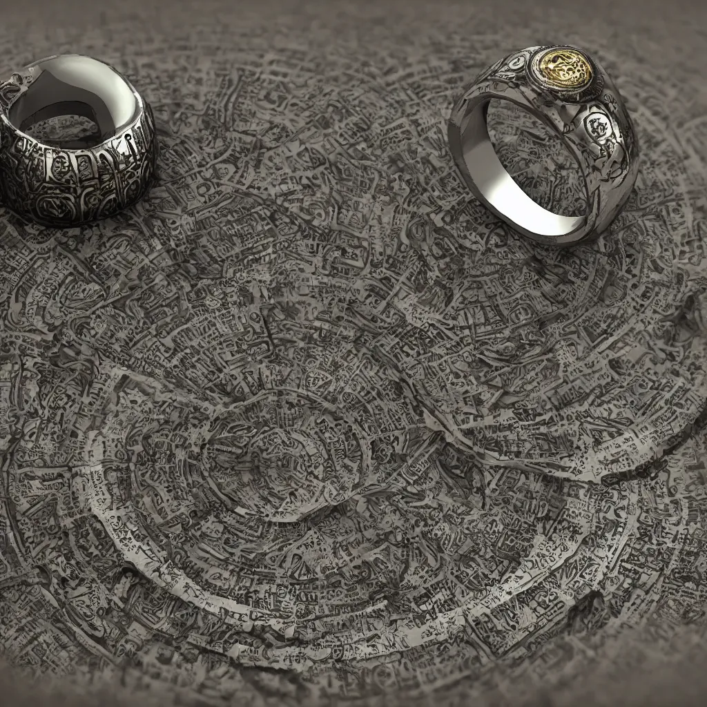 Image similar to the ring from lord if the rings with an imprinted ruler, cm scale imprinted on the inside of the ring, one ring to rule them all, highly detailed, 8 k, trending on artstation, mystic, rpg artwork