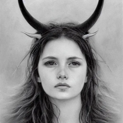 Prompt: the horned beauty, ( 1 4 5 0 ). portrait, by paul cadden. traditional pencil masterpiece on canvas. dry media. private collection. retouched face, restored