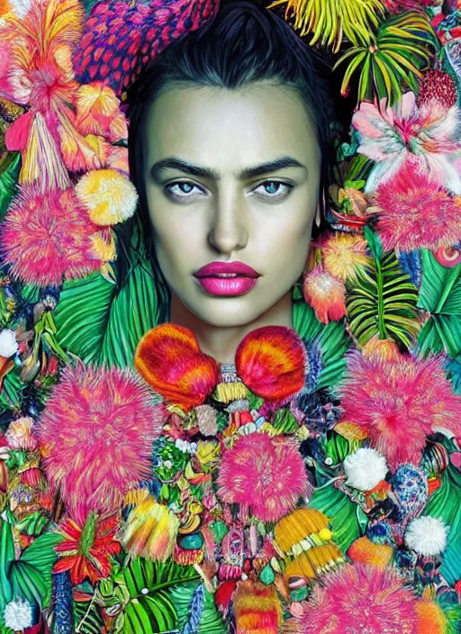 Image similar to beautiful portrait of Irina Shayk wearing fantastic Hand-dyed cotton dress,embellished beaded feather decorative fringe knots ,colorful pigtail,subtropical flowers and plants,symmetrical face,intricate,elegant,highly detailed,8k,digital painting,trending on pinterest,GUCCI,PRADA,harper's bazaar,concept art, sharp focus, illustration,by artgerm,Tom Bagshaw,Lawrence Alma-Tadema,greg rutkowski