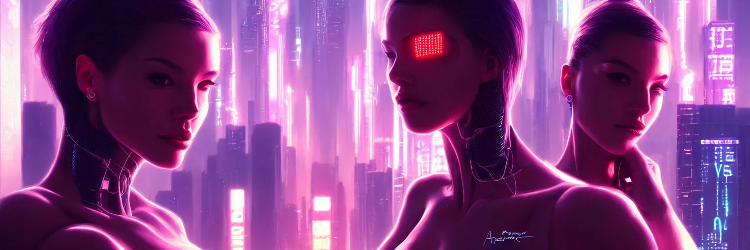 Image similar to portrait of one female humanoid in a cyberpunk cityscape, half body cropping, elegant glamor pose, accurate anatomy, cyber led neon lighting, bokeh, rule of thirds, hyper photorealistic, crispy quality, digital photography, art by pascal blanche, art by artgerm, art by greg rutkowski,