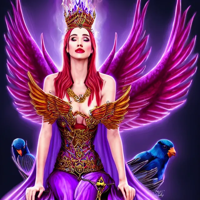 Prompt: Princess sorceress with red flaming bird wings on her back and sitting on an ornate throne dressed in a fancy long purple dress, beautiful realistic symmetrical defined face, grinning, Fantasy, Full Portrait, High detail, realistic, planeswalker