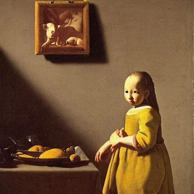 Image similar to baroque painting from 1 6 7 0 of a pig wearing overalls by johannes vermeer, jan vermeer, soft lighting