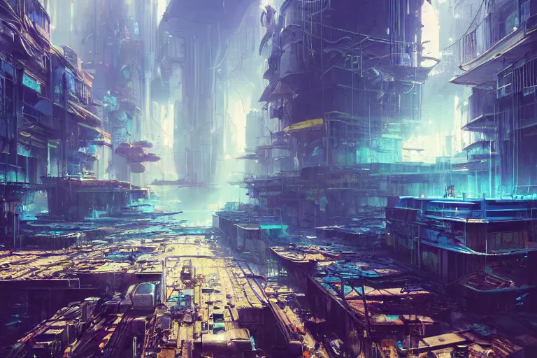 Image similar to a scenic view of an abandoned cyberpunk city under water, ray of sunlight, fish flocks, Greg Rutkowski, beeple, blue and gold color scheme, ultra wide angle, light effect