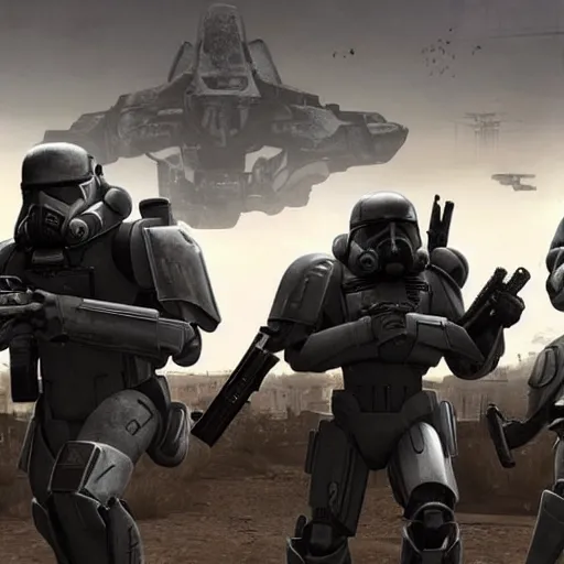 Image similar to three enclave soldiers standing in the foreground, half - life combine, fallout enclave armor, wolfenstein, killzone, deathtrooper, huge spaceship