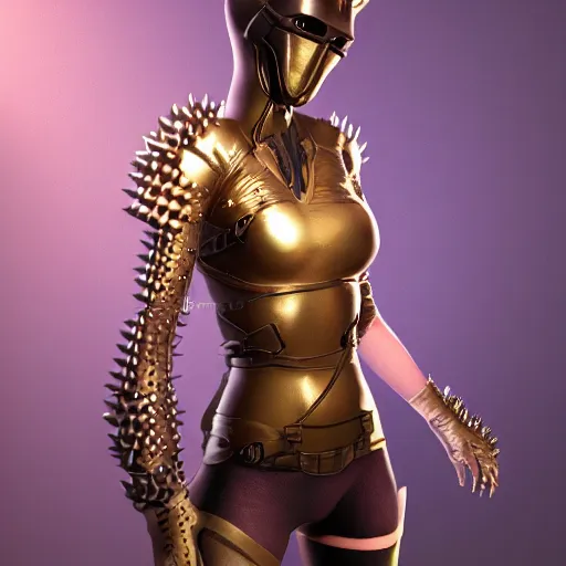 Image similar to cute girl, rubber spikes on the body, rubber skin spikes, spikes are from rubber, purple skin, skinny, gold armor, battleground background, battlefield, concept art, artstation, award winning, high detailed, 4k, 8k, hd textures, octane render, intricate details, volumetric lighting, realistic, hyperdetailed