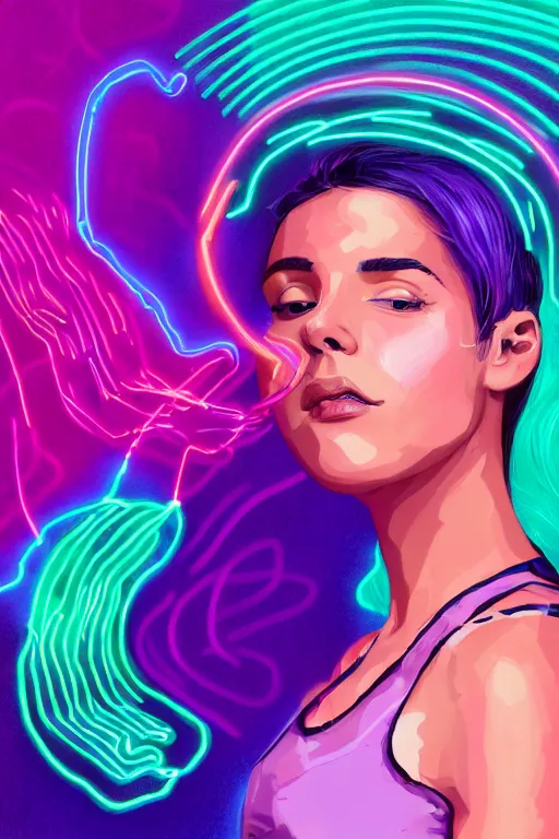 Image similar to a award winning half body portrait of a beautiful woman in a croptop and cargo pants with ombre purple pink teal hairstyle and hands in pockets by ari liloan, surrounded by whirling illuminated lines, outrun, vaporware, shaded flat illustration, digital art, trending on artstation, highly detailed, fine detail, intricate