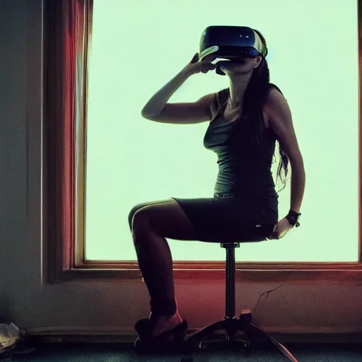 Image similar to photo of a woman in vr headset sitting in cyberpunk room behind the window, by annie leibovitz